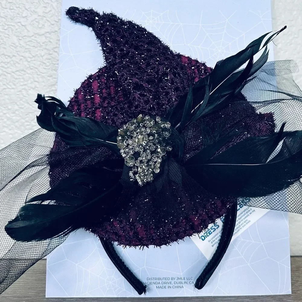 Halloween Witch Purple Black Jeweled Hat Headband